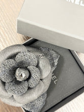 Load image into Gallery viewer, CHANEL Tweed Fabric Camellia Pin Brooch in Black