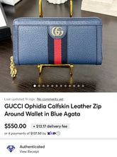 Load image into Gallery viewer, GUCCI Ophidia Calfskin Leather Zip Around Wallet in Blue Agata