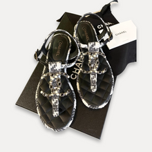 Load image into Gallery viewer, CHANEL CC Tweed Thong Sandals In Black/White (EU)37