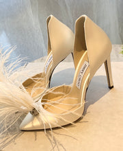 Load image into Gallery viewer, JIMMY CHOO Liz 100 Ivory Satin Pointy Toe Pumps With Crystals And Fascinator Feathers In White EU38