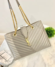 Load image into Gallery viewer, SAINT LAURENT Quilted Grained Leather Monogram Chain Bo Cassandre Tote Bag In Grey