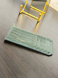 SAINT LAURENT Fragments Croc-effect Leather Zipped Card Case in Green