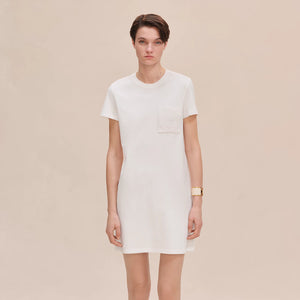 HERMES Embroidered Pocket Straight Dress in Plain Cotton Jersey / Blanc / EU36