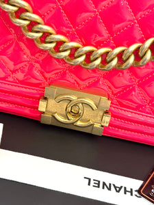 CHANEL Quilted Boy Patent Leather Old Medium Flap Bag in Neon Pink