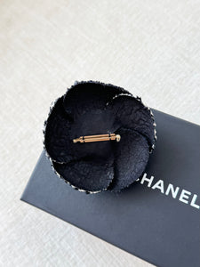 CHANEL Tweed Fabric Camellia Pin Brooch / Black / White