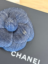 Load image into Gallery viewer, CHANEL Tweed Fabric Camellia Pin Brooch in Blue

