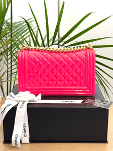 CHANEL Quilted Boy Patent Leather Old Medium Flap Bag in Neon Pink