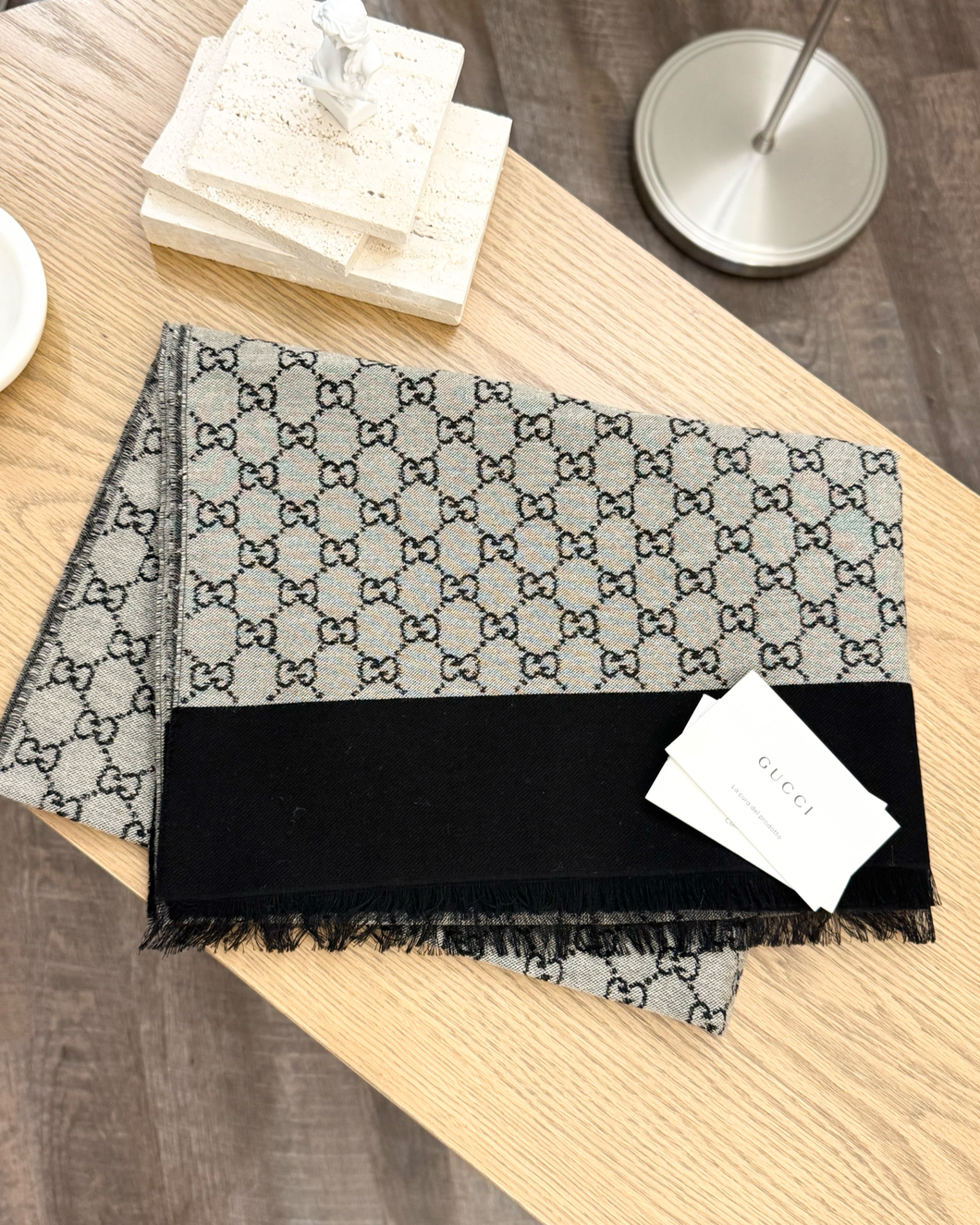 GUCCI GG Cotton Jacquard Scarf - Grey/Black