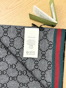 GUCCI 2024 Unisex Wool Tricot GG Monogram Web Solange Scarf in Black/Grey