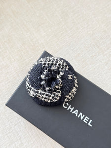 CHANEL Tweed Fabric Camellia Pin Brooch / Black / White