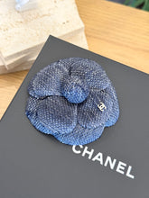 Load image into Gallery viewer, CHANEL Tweed Fabric Camellia Pin Brooch in Blue
