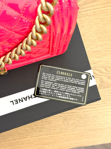 CHANEL Quilted Boy Patent Leather Old Medium Flap Bag in Neon Pink