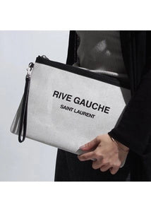 SAINT LAURENT Rive Gauche Linen Canvas Wristlet Pouch in Optic White