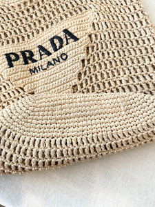 PRADA Raffia Crochet Logo Tote Bag - Neutral