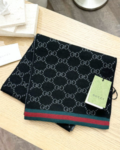 GUCCI 2024 Unisex Wool Tricot GG Monogram Web Solange Scarf in Black/Grey