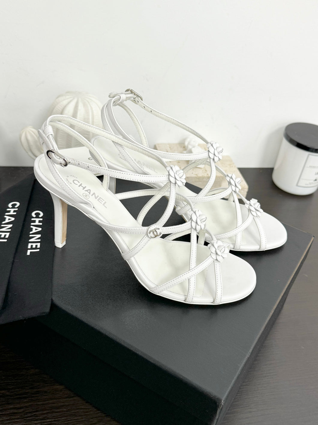 CHANEL 2023 SS Cruise Open Toe Pin Heel Sandals in White - EU38