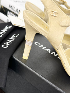 CHANEL 2022 Suede Cap Toe Crystal Slingback Pumps in Light Beige/Black - EU38