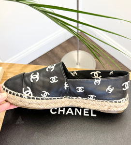 CHANEL 2023 Printed Crazy CC Logo Lambskin Espadrilles in Black/White - EU38