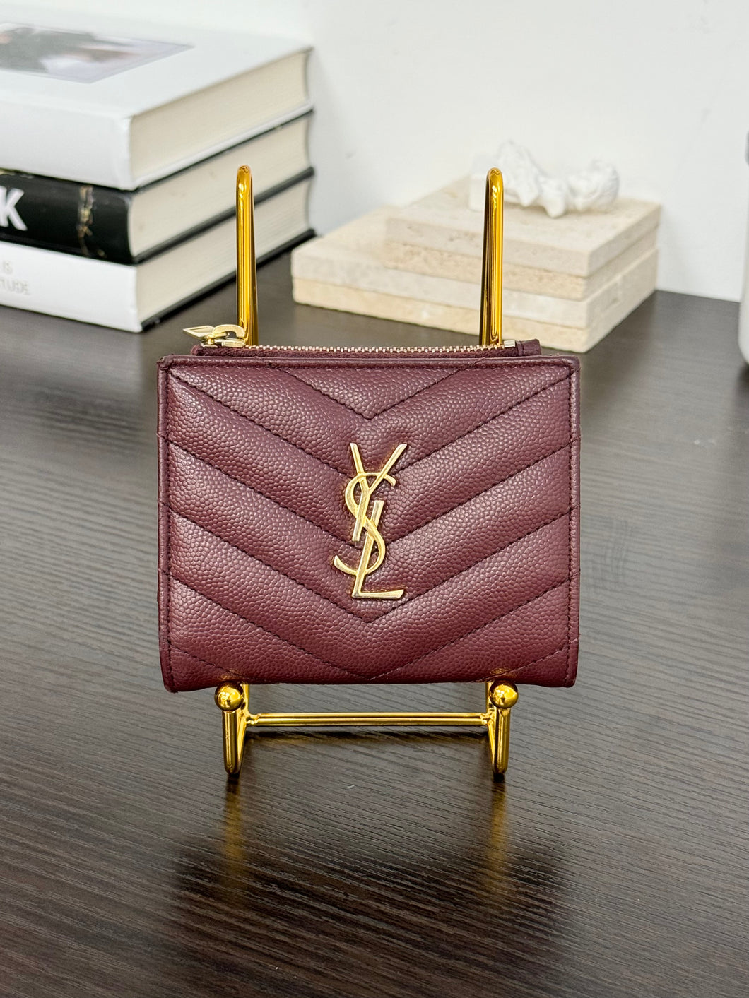 SAINT LAURENT Cassandre Matelasse Embossed Leather Bi-Fold Wallet in Burgundy