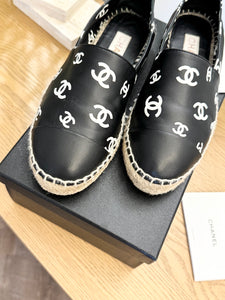 CHANEL 2023 Printed Crazy CC Logo Lambskin Espadrilles in Black/White - EU38