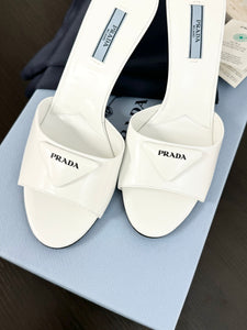 PRADA Brushed Leather Logo Mule Sandals in White - EU38.5