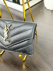 SAINT LAURENT YSL Monogram Ziptop Flap Grained Leather Card Case in Black