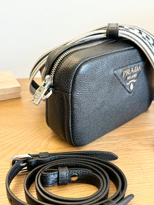 PRADA Logo-Plaque Small Leather Crossbody Bag in Black