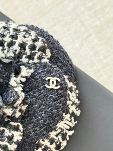CHANEL Tweed Fabric Camellia Pin Brooch / Black / White
