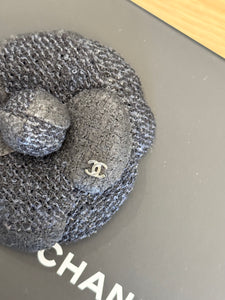 CHANEL Tweed Fabric Camellia Pin Brooch in Black