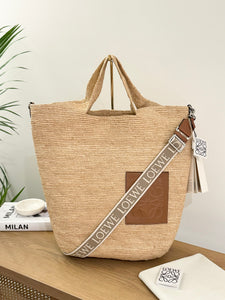 LOEWE Slit Large Raffia and Calfskin Tote Bag - Natural/Tan