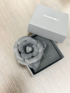 CHANEL Tweed Fabric Camellia Pin Brooch in Black