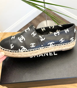 CHANEL 2023 Printed Crazy CC Logo Lambskin Espadrilles in Black/White - EU38