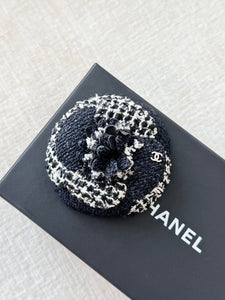 CHANEL Tweed Fabric Camellia Pin Brooch / Black / White