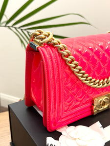 CHANEL Quilted Boy Patent Leather Old Medium Flap Bag in Neon Pink