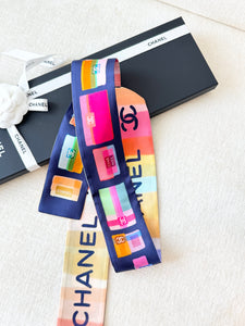 ✨NEW✨CHANEL 2024 CC Logo Silk Slim Bandeau / Dark Navy Blue / Orange / Blue