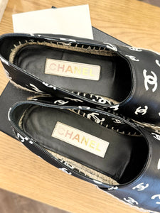 CHANEL 2023 Printed Crazy CC Logo Lambskin Espadrilles in Black/White - EU38