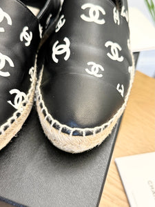 CHANEL 2023 Printed Crazy CC Logo Lambskin Espadrilles in Black/White - EU38