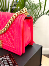 Load image into Gallery viewer, CHANEL Quilted Boy Patent Leather Old Medium Flap Bag in Neon Pink
