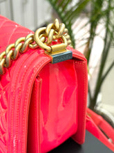 Load image into Gallery viewer, CHANEL Quilted Boy Patent Leather Old Medium Flap Bag in Neon Pink
