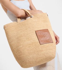 LOEWE Slit Large Raffia and Calfskin Tote Bag - Natural/Tan