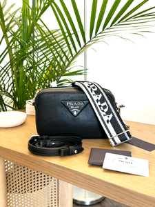 PRADA Logo-Plaque Small Leather Crossbody Bag in Black