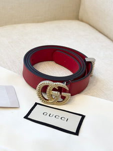 GUCCI Moon Calfskin Torchon Double G 25mm Belt - Hibiscus Red / 85