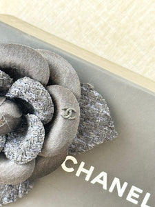 CHANEL Tweed Fabric Camellia Pin Brooch / Black