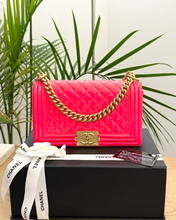 Load image into Gallery viewer, CHANEL Quilted Boy Patent Leather Old Medium Flap Bag in Neon Pink
