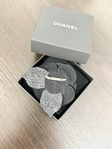 CHANEL Tweed Fabric Camellia Pin Brooch in Black