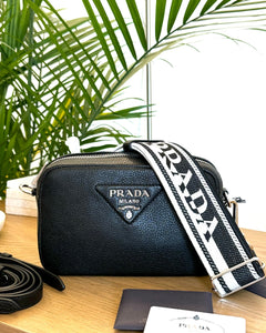 PRADA Logo-Plaque Small Leather Crossbody Bag in Black