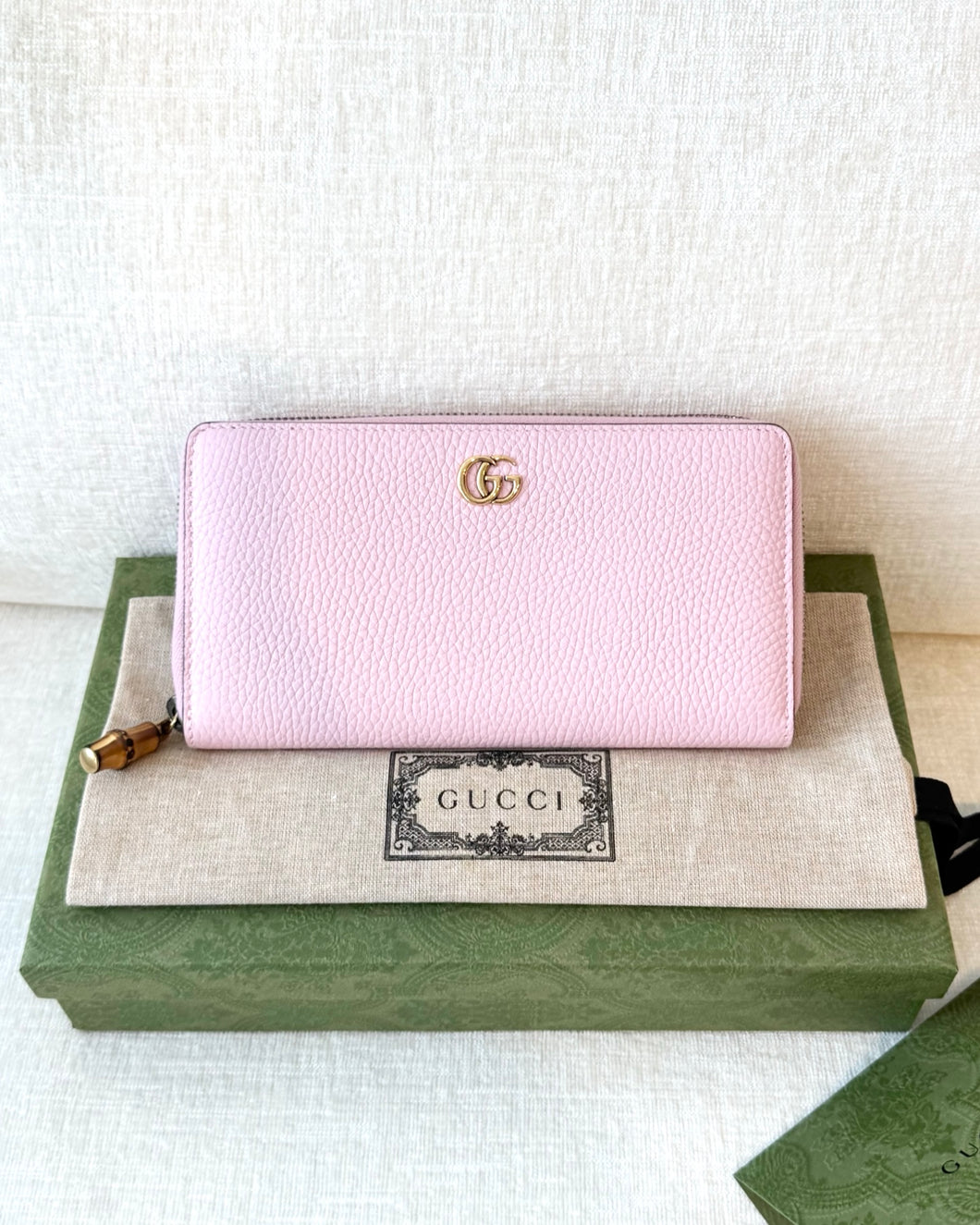 GUCCI Double G Zip Around Long Wallet with Bamboo / Pink