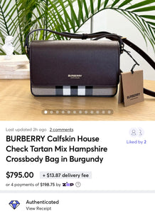 BURBERRY Calfskin House Check Tartan Mix Hampshire Crossbody Bag in Burgundy