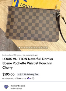 LOUIS VUITTON Neverfull Damier Ebene Pochette Wristlet Pouch in Cherry