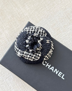 CHANEL Tweed Fabric Camellia Pin Brooch / Black / White